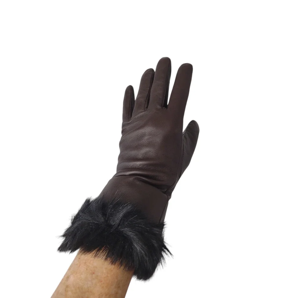 LAUREN Brown Leather Gloves Size M Designer Black Faux Fur Trim Classy Elegant